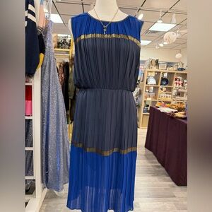 Sleeveless Pleated Blue and Navy Midi Dress with Gold Trim . BCBG